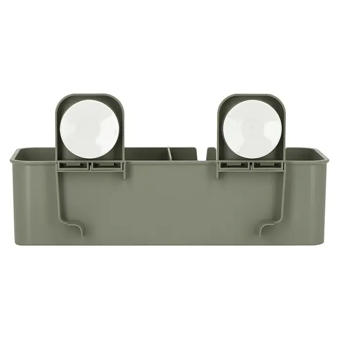 Venus Duschkorb Orsa - 14,8 x 30,5 x 14,7 cm, Grün - Ein olivegrüner Ablagekorb mit zwei runden Halterungen für Reinigungsmittel und Zubehör für ein organisiertes Badezimmer.