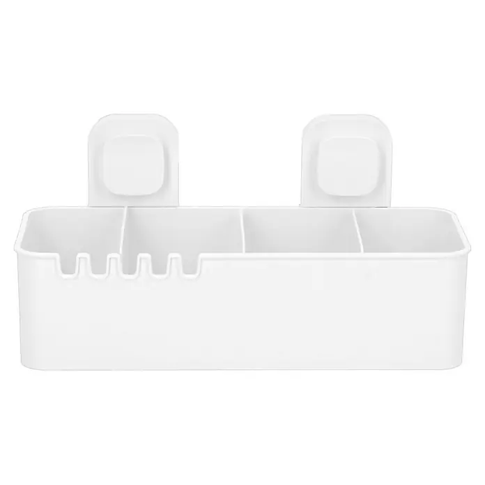 Venus Duschkorb Orsa - 14,8 x 30,5 x 14,7 cm, Weiß - Eine weiße, hängende Zahnbürstenhalterung mit mehreren Fächern zur Organisation von Badutensilien, die für Ordnung im Badezimmer sorgt.
