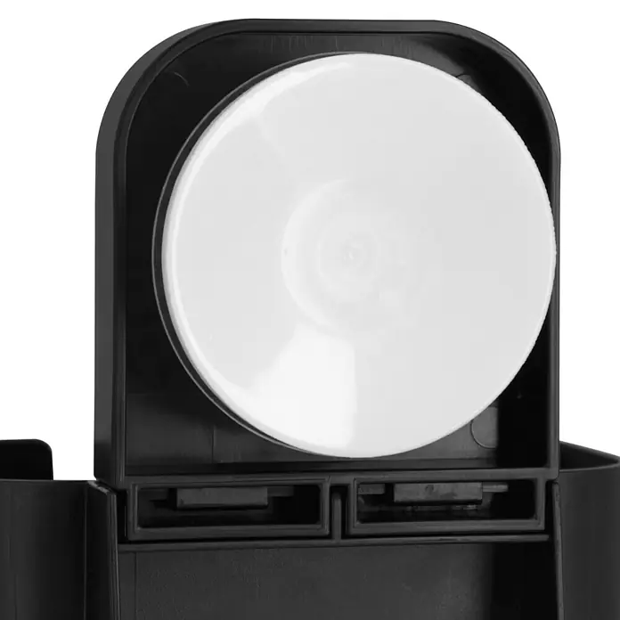 Venus Duschkorb Orsa - 8,7 x 10,7 x 17,5 cm, Schwarz - Nahaufnahme eines schwarzen Wandseifenspenders mit einer runden, weißen Seifenfüllung. Ein praktisches Badaccessoire für jedes Badezimmer.