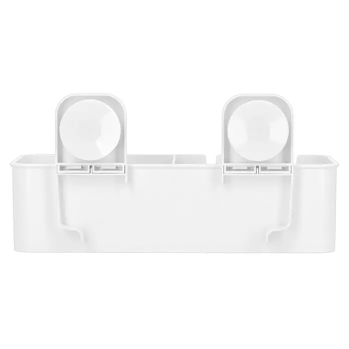 Venus Duschkorb Orsa - 14,8 x 30,5 x 14,7 cm, Weiß - Abgebildeter weißer Badewannen-Caddy mit zwei Saugnäpfen zur Befestigung an glatten Oberflächen. Praktische Aufbewahrung für Badezimmerartikel.