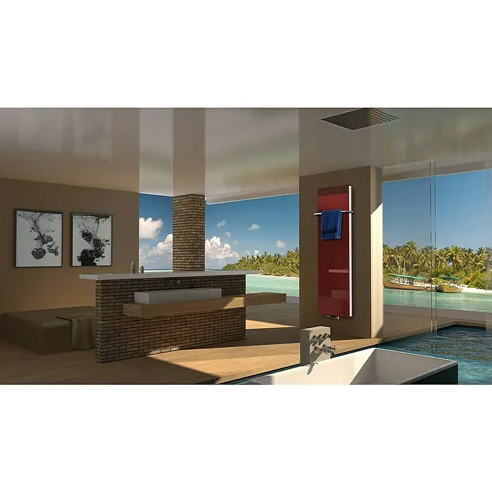 Badheizkörper Montevideo - B x H: 470 x 1.800 mm, Nennleistung: 1.964 W, Rot, 1 x Halter 15mm - Badezimmer mit Handtuchwärmer in Rot und Badewanne. Genießen Sie den Ausblick auf das Meer.