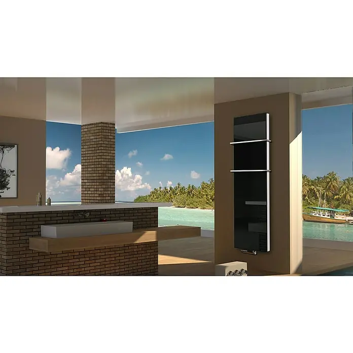Badheizkörper Montevideo - B x H: 470 x 1.800 mm, Nennleistung: 1.964 W, Schwarz, 2 x Halter 15mm - Elegantes Badezimmer mit einem stilvollen, schwarzen Handtuchwärmer an der Wand, der Funktionalität und modernes Design vereint.