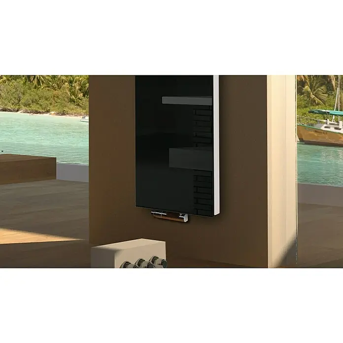 Badheizkörper Montevideo - B x H: 470 x 1.800 mm, Nennleistung: 1.964 W, Schwarz, 1 x Halter 15mm - Ein modernes schwarzes Regal mit Holzdetail hängt an einer braunen Wand mit Blick auf ein tropisches Meer.
