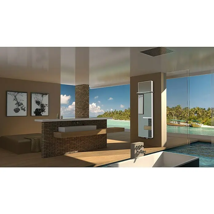 Badheizkörper Montevideo - B x H: 470 x 1.800 mm, Nennleistung: 1.964 W, Spiegel, 1 x Halter 15mm - Großzügiges Badezimmer mit Blick auf den Ozean, ausgestattet mit modernen Armaturen und stilvollem Design für Entspannung pur.