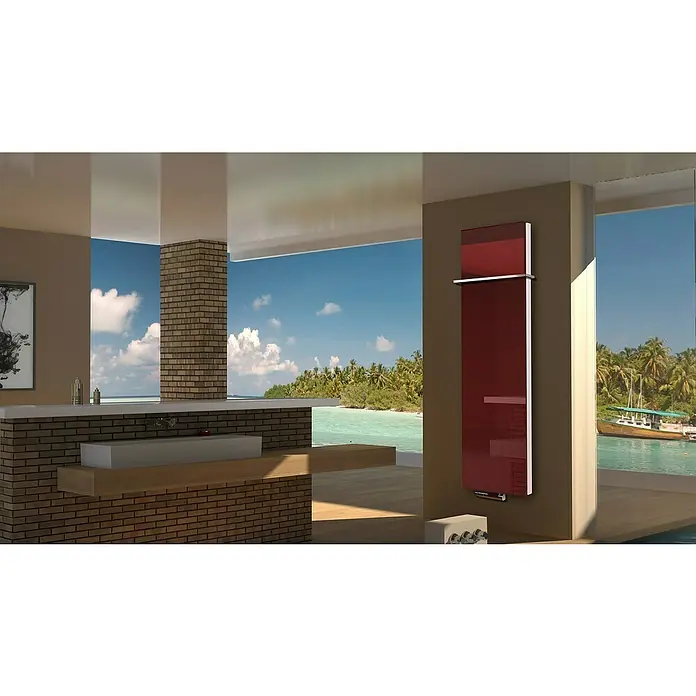 Badheizkörper Montevideo - B x H: 470 x 1.800 mm, Nennleistung: 1.964 W, Rot, 1 x Halter 15mm - Modernes Badezimmer mit einem eleganten, roten Handtuchwärmer, der stilvoll an der Wand montiert ist und für warme Handtücher sorgt.