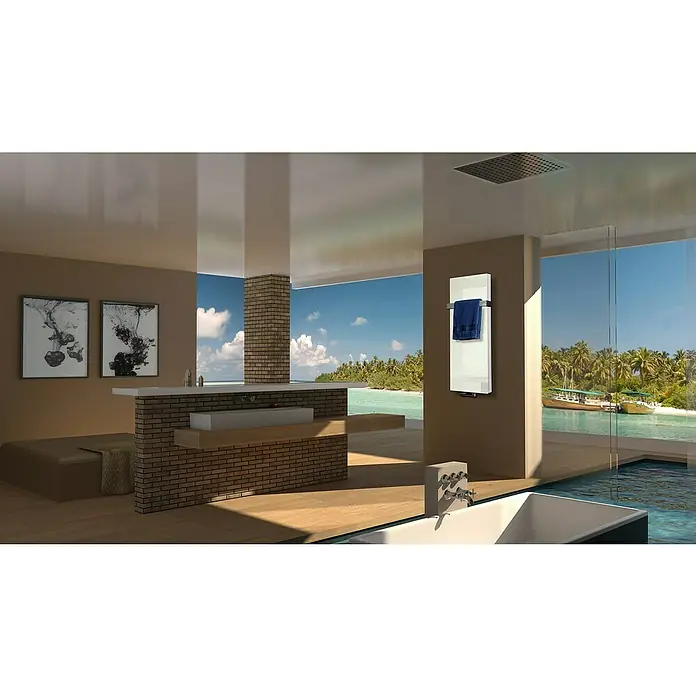 Badheizkörper Montevideo - B x H: 470 x 1.200 mm, Nennleistung: 1.458 W, Weiß, 1 x Halter 15mm - Luxuriöses Badezimmer mit einem modernen, weißen Handtuchwärmer und einem atemberaubenden Blick auf den Ozean.
