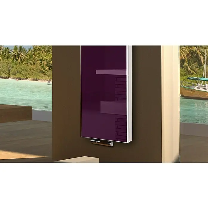 Badheizkörper Montevideo - B x H: 470 x 1.800 mm, Nennleistung: 1.964 W, Violett, 2 x Halter 50mm - Dieses Bild zeigt einen modernen, an der Wand montierten Heizkörper mit elegantem Design und violettem Paneel.