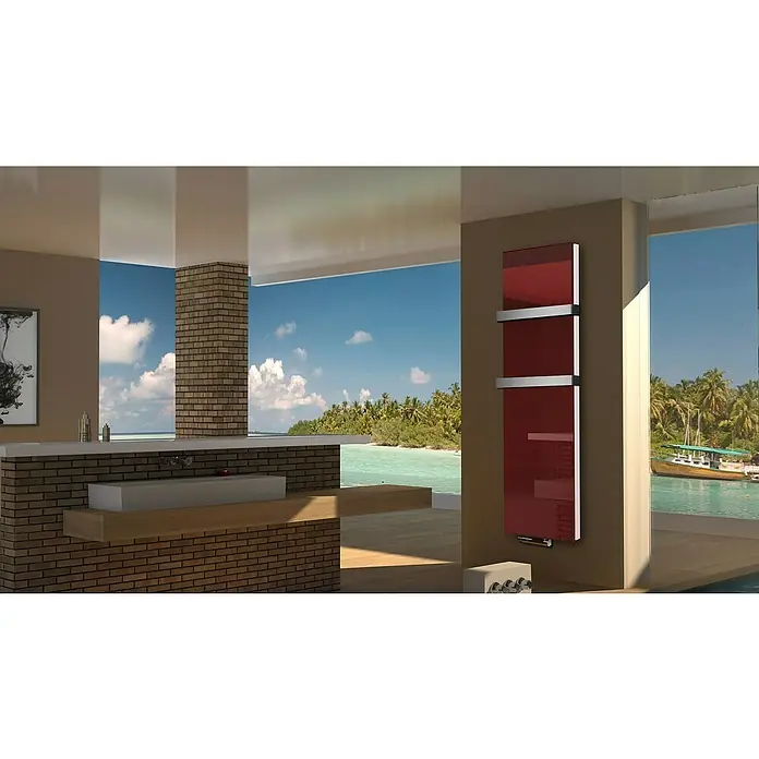 Badheizkörper Montevideo - B x H: 470 x 1.800 mm, Nennleistung: 1.964 W, Rot, 2 x Halter 50mm - Modernes Badezimmer mit einem eleganten roten Handtuchwärmer, der Wärme und Stil vereint. Luxuriöses Design für ein entspannendes Ambiente.