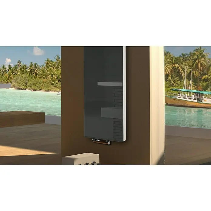 Badheizkörper Montevideo - B x H: 470 x 1.800 mm, Nennleistung: 1.964 W, Anthrazit, 2 x Halter 50mm - Modernes Design mit einem eleganten schwarzen Spiegel, der sich perfekt in jeden Raum einfügt. Das Produkt ist ein echter Blickfang und überzeugt durch seine hochwertige Verarbeitung.