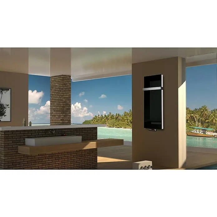 Badheizkörper Montevideo - B x H: 470 x 1.200 mm, Nennleistung: 1.964 W, Schwarz, 1 x Halter 50mm - Elegantes Badezimmer mit einem modernen schwarzen Handtuchwärmer an der Wand, der Komfort und Stil vereint. Der Heizkörper ist ein Blickfang im Raum.