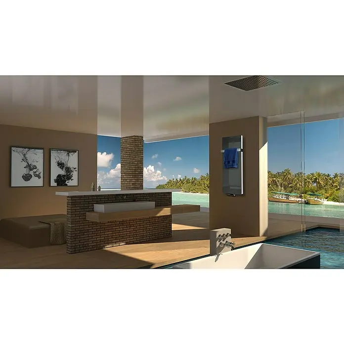 Badheizkörper Montevideo - B x H: 470 x 1.200 mm, Nennleistung: 1.458 W, Anthrazit, 1 x Halter 50mm - Geräumiges Badezimmer mit Badewanne, Handtuchwärmer und Blick auf den Ozean. Das moderne Interieur umfasst Fliesen, Kunst und einen luxuriösen Stil.
