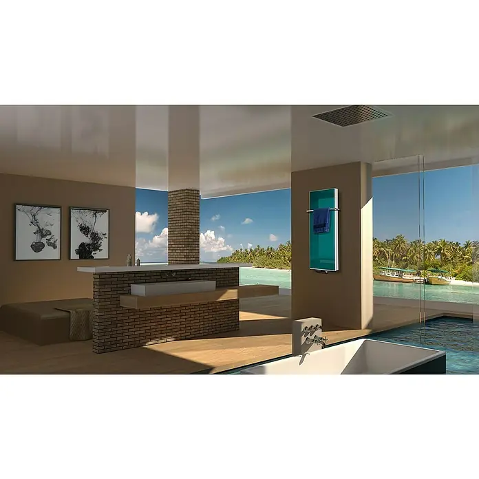 Badheizkörper Montevideo - B x H: 470 x 1.200 mm, Nennleistung: 1.458 W, Türkis, 1 x Halter 15mm - Ein modernes Badezimmer mit türkisfarbenem Handtuchwärmer an der Wand und Badewanne, das eine entspannende Atmosphäre schafft.