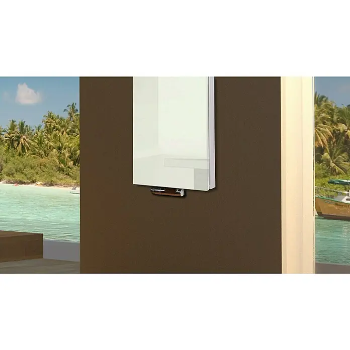 Badheizkörper Montevideo - B x H: 470 x 1.200 mm, Nennleistung: 1.458 W, Weiß, 1 x Halter 15mm - Nahaufnahme eines eleganten Spiegelschrankes an einer braunen Wand, der einen Hauch von Luxus in jedes Badezimmer bringt.