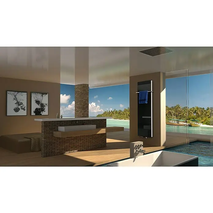 Badheizkörper Montevideo - B x H: 470 x 1.800 mm, Nennleistung: 1.964 W, Schwarz, 1 x Halter 15mm - Elegantes Badezimmer mit modernem Handtuchwärmer an der Wand, der Komfort und Stil vereint. Luxuriöses Design trifft auf Funktionalität.