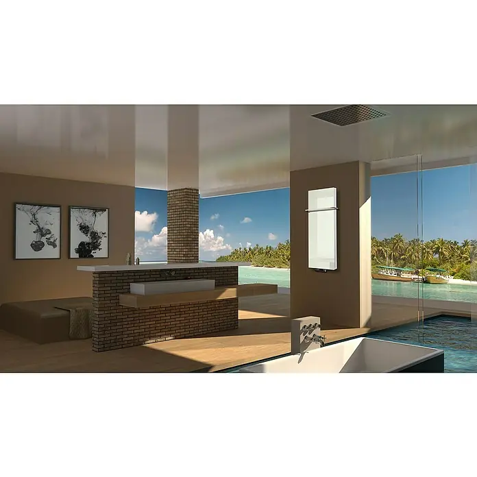 Badheizkörper Montevideo - B x H: 470 x 1.200 mm, Nennleistung: 1.458 W, Weiß, 1 x Halter 15mm - Ein modernes Badezimmer mit einem weißen Handtuchwärmer an der Wand und Blick auf ein tropisches Meer.