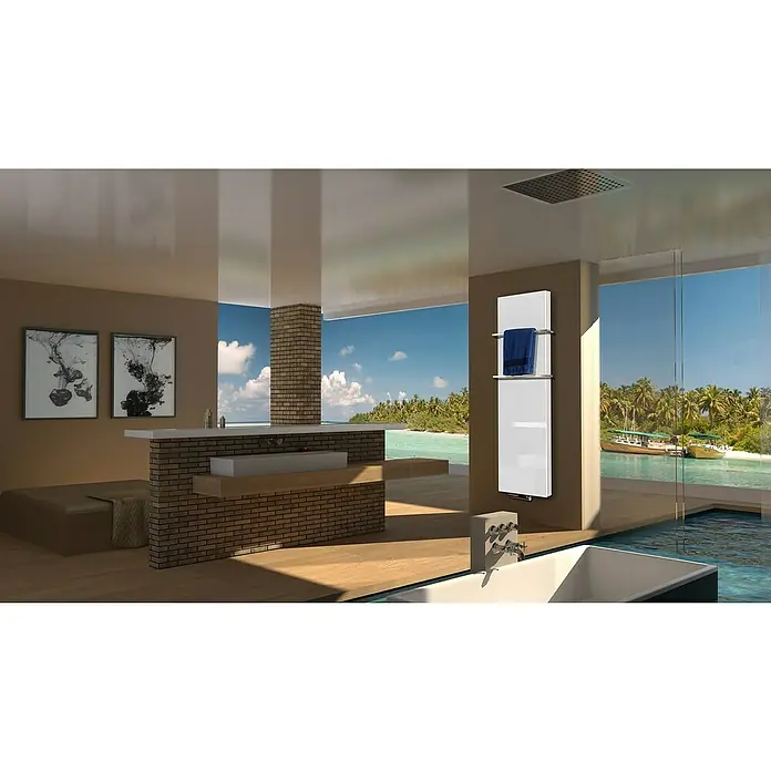 Badheizkörper Montevideo - B x H: 470 x 1.800 mm, Nennleistung: 1.964 W, Weiß, 2 x Halter 15mm - Modernes Badezimmer mit einem weißen Handtuchwärmer an der Wand, der Handtücher stilvoll trocknet und wärmt.