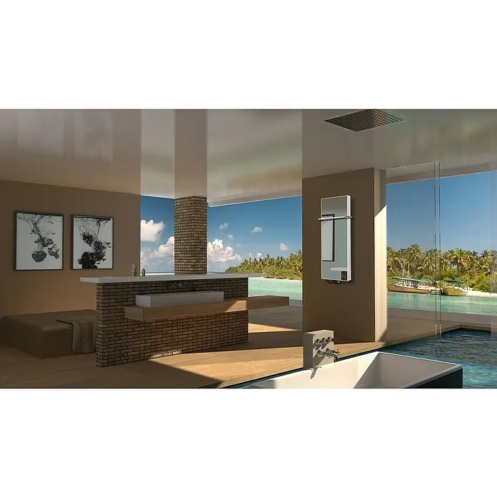 Badheizkörper Montevideo - B x H: 470 x 1.200 mm, Nennleistung: 1.458 W, Spiegel, 1 x Halter 15mm - Exklusives Badezimmer mit modernem Handtuchwärmer, nahtlos integriert in luxuriöses Design und mit Blick auf ein ruhiges Meer.