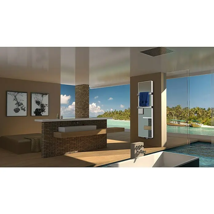 Badheizkörper Montevideo - B x H: 470 x 1.800 mm, Nennleistung: 1.964 W, Spiegel, 2 x Halter 50mm - Ein modernes Badezimmer mit einem Handtuchwärmer an der Wand, der ein blaues Handtuch hält. Blick auf ein tropisches Meer.