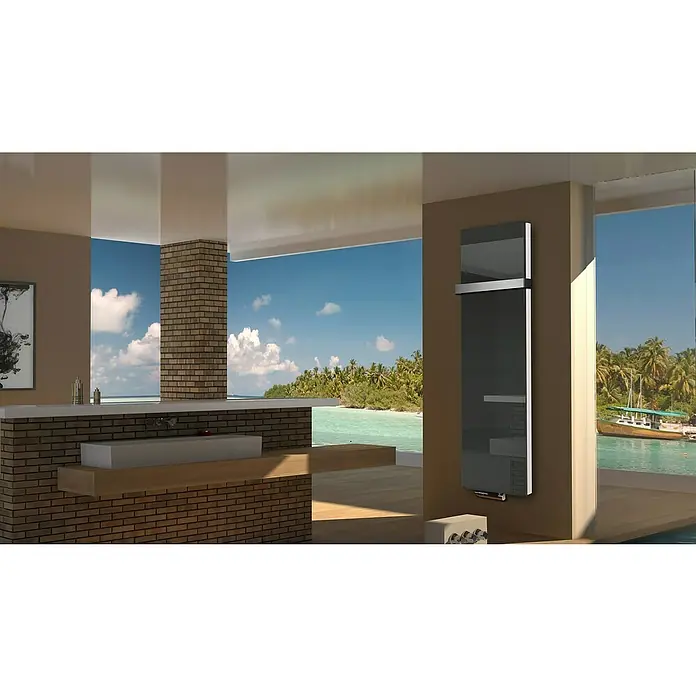 Badheizkörper Montevideo - B x H: 470 x 1.800 mm, Nennleistung: 1.964 W, Anthrazit, 1 x Halter 50mm - Stilvoller Handtuchwärmer in einem modernen Badezimmer mit Meerblick. Das elegante Design fügt sich nahtlos in die luxuriöse Umgebung ein.