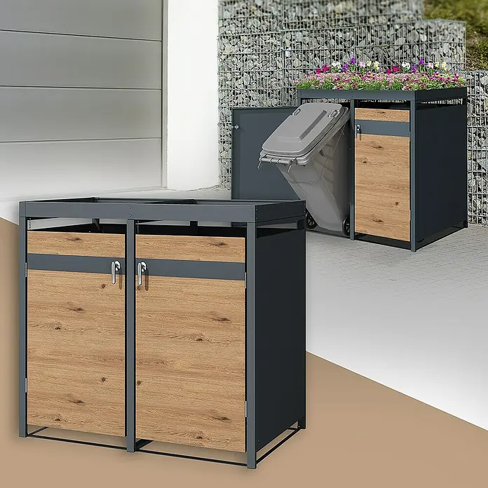 ML-Design Mülltonnenbox Mülltonnencontainer mit Klappdeckel/Tür für 2 Tonne 120 oder 240 Liter - Stahl, Anthrazit, Braun, Geeignet für Anzahl Mülltonnen: 2 Stk. - Mülltonnenbox mit Pflanzkasten. Die Box ist aus grauem Metall und Holz gefertigt und bietet Platz für zwei Mülltonnen.