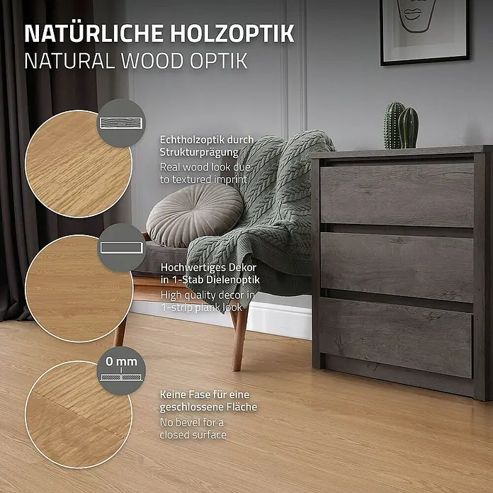 ML-Design Vinylboden 1 x Paket Klebevinylboden ( 16 Stück = 2,23 m² ) - Braun, Landhausdiele - Nahaufnahme des Laminatbodens mit natürlicher Holzoptik, der eine strukturierte Oberfläche und eine fugenlose Verlegung bietet.