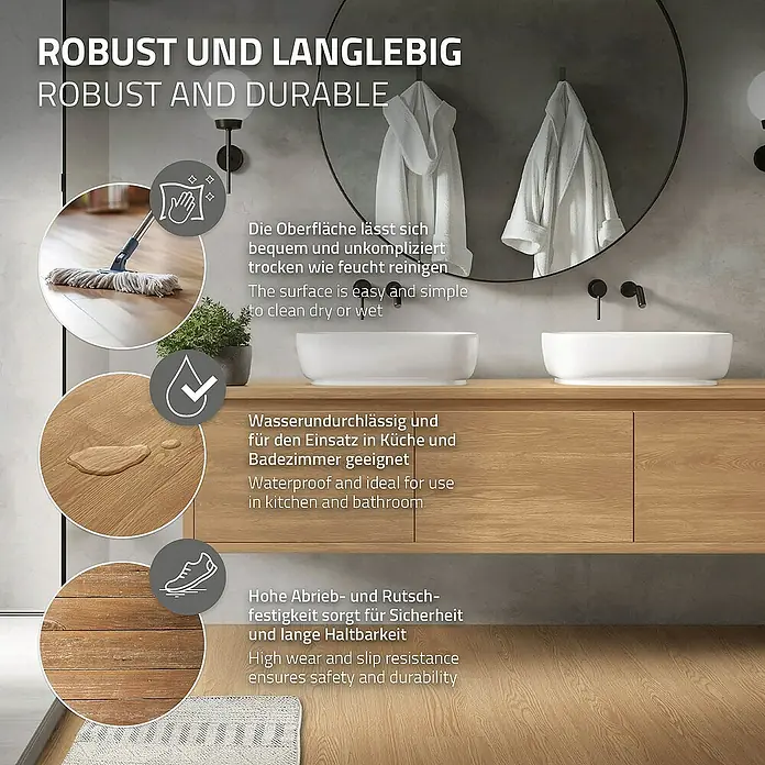 ML-Design Vinylboden 1 x Paket Klebevinylboden ( 16 Stück = 2,23 m² ) - Braun, Landhausdiele - Das Bild zeigt ein robustes und langlebiges Produkt, das wasserdicht und leicht zu reinigen ist, ideal für Küche und Bad.