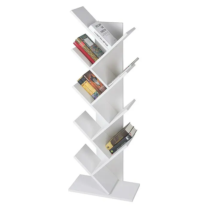 ML-Design Stufenregal Bodenstehendes Regal Aktenregal Aufbewahrungregal - H x B x T: 140 x 25 x 25 cm, Aufstellen, Weiß - Bücherregal in Baumform, weiß, mit mehreren Büchern auf den Regalen. Ein modernes Möbelstück zur Aufbewahrung von Büchern.