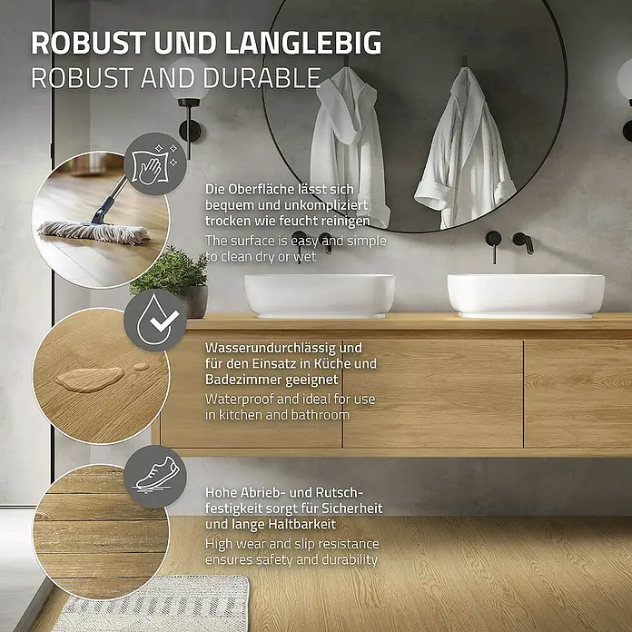 ML-Design Vinylboden 2 x Paket Klebevinylboden ( 32 Stück = 4,46 m² ) - Braun, Landhausdiele - Das Bild zeigt Bodenbeläge, die robust, langlebig, wasserdicht und rutschfest sind, ideal für Küche und Bad.