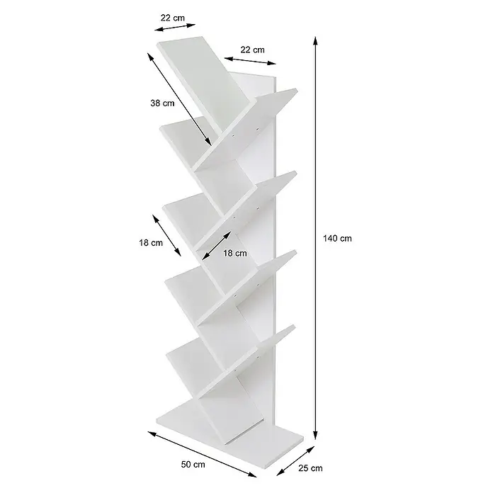 ML-Design Stufenregal Bodenstehendes Regal Aktenregal Aufbewahrungregal - H x B x T: 140 x 25 x 25 cm, Aufstellen, Weiß - Bild einer weißen Bücherregal im Baumdesign mit Größenangaben.