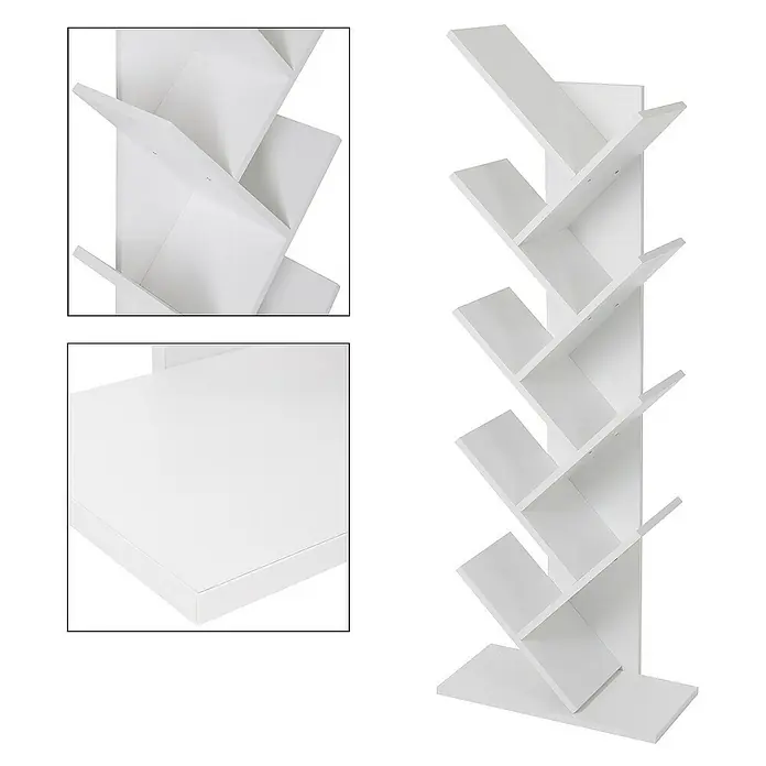 ML-Design Stufenregal Bodenstehendes Regal Aktenregal Aufbewahrungregal - H x B x T: 140 x 25 x 25 cm, Aufstellen, Weiß - Das Bild zeigt ein modernes, weißes Bücherregal in Baumform mit mehreren Regalebenen, ideal für die stilvolle Aufbewahrung von Büchern und Deko.
