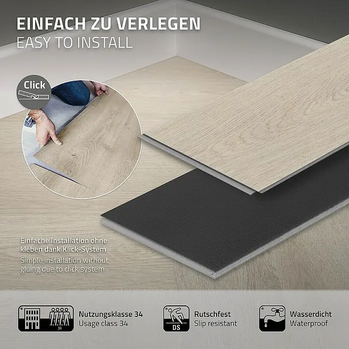 ML-Design Vinylboden 5 x Paket Vinylboden mit 100 Diele = 7,808 m² - Hellbraun, Landhausdiele, 61 cm x 12,8 cm x 4,2 mm - Bild von einfach zu verlegendem, rutschfestem und wasserdichtem Vinylboden mit Klicksystem und Nutzungsklasse 34.