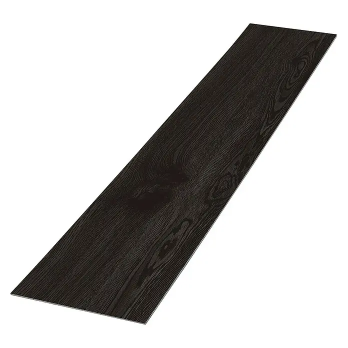 ML-Design Vinylboden 5 x Paket Klebevinylboden ( 80 Stück = 11,15 m² ) - Dunkelgrau, Landhausdiele - Nahaufnahme einer einzelnen, dunklen Holzdiele mit Maserung, die sich perfekt für moderne Bodenbeläge eignet.