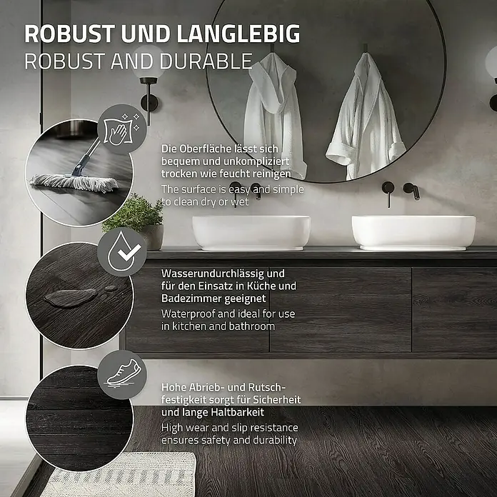 ML-Design Vinylboden 5 x Paket Klebevinylboden ( 80 Stück = 11,15 m² ) - Dunkelgrau, Landhausdiele - Das Bild zeigt einen robusten und langlebigen Boden, der wasserdicht und leicht zu reinigen ist, ideal für Küche und Badezimmer.