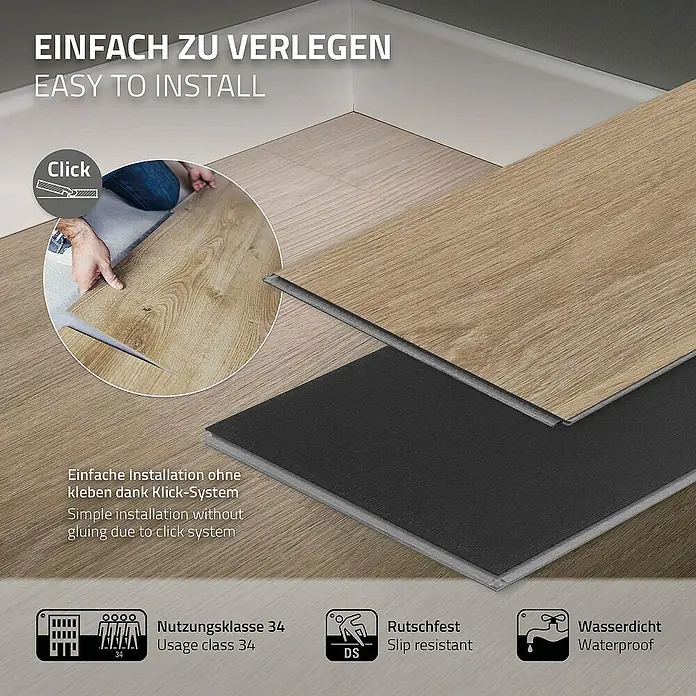 ML-Design Vinylboden 2 x Karton Vinylboden mit 14 Stück - Hellbraun, Landhausdiele, 122 cm x 18 cm x 4,2 mm - Bild von leicht verlegbarem Laminatboden mit Klick-System, rutschfest und wasserdicht. Nutzungsclass 34, einfache Montage ohne Kleben.