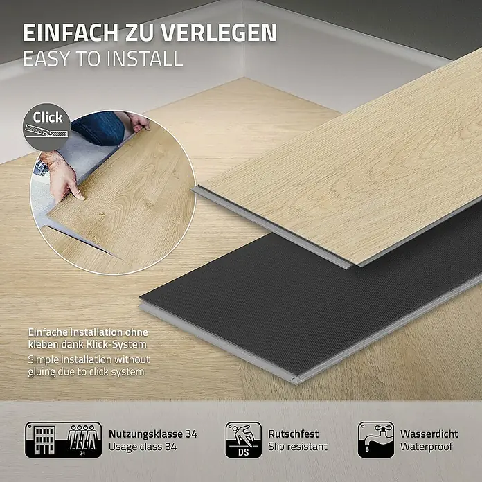 ML-Design Vinylboden 3 x Paket Vinylboden mit 60 Diele = 4,6848 m² - Braun, Landhausdiele, 61 cm x 12,8 cm x 4,2 mm - Bild von einfach zu verlegendem Vinylboden mit Klick-System, Nutzungsklasse 34, rutschfest und wasserdicht.