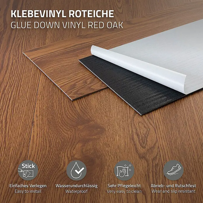 ML-Design Vinylboden 3 x Paket Klebevinylboden ( 48 Stück = 6,69 m² ) - Braun, Landhausdiele - Klebevinyl Roteiche: Selbstklebende Vinyl-Bodenfliesen in Rotbraun mit Holzoptik, einfache Anbringung, wasserfest, pflegeleicht und rutschfest.