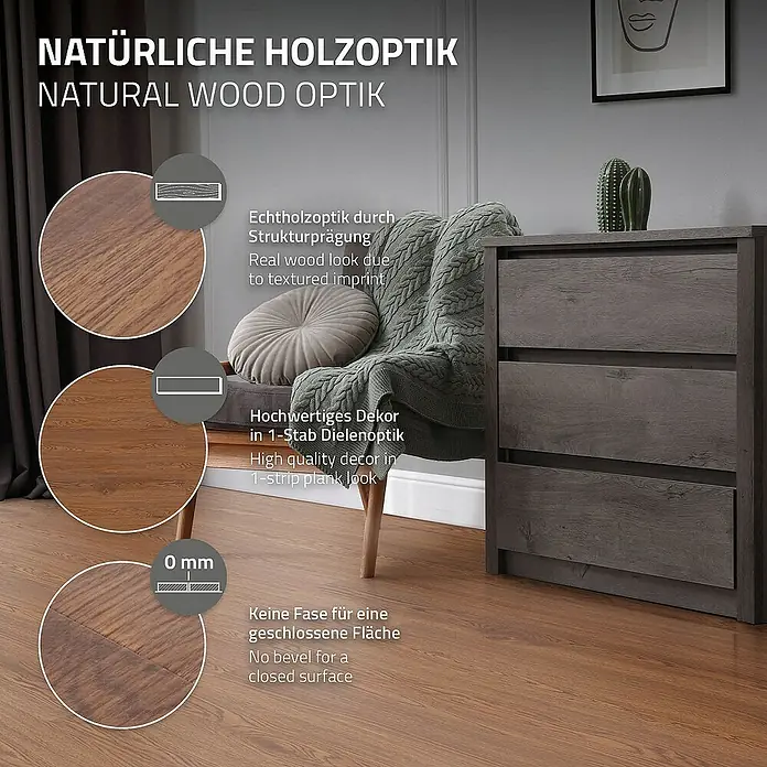 ML-Design Vinylboden 3 x Paket Klebevinylboden ( 48 Stück = 6,69 m² ) - Braun, Landhausdiele - Produktfoto mit Fokus auf die natürliche Holzoptik, die durch Strukturprägung und hochwertiges Dekor in Dielenoptik erzielt wird.