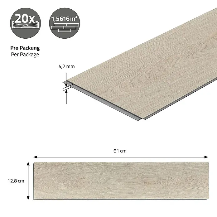ML-Design Vinylboden 1 x Paket Vinylboden (20 x Diele pro Karton = 1,5616 m²) - Hellbraun, Landhausdiele, 61 cm x 12,8 cm x 4,2 mm - Bild einer Vinylbodenfliese mit den Maßen 61 cm x 12,8 cm und einer Dicke von 4,2 mm. Eine Packung enthält 20 Fliesen für 1,5616 m².