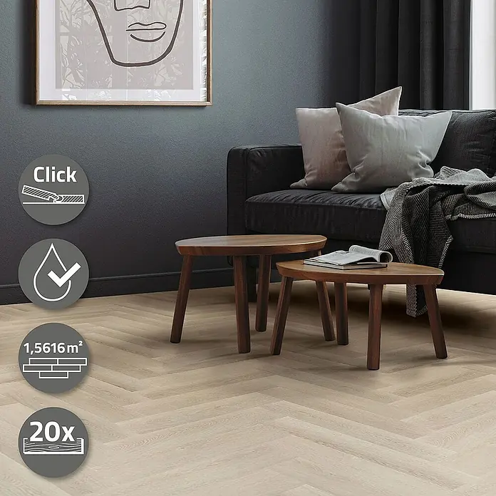 ML-Design Vinylboden 1 x Paket Vinylboden (20 x Diele pro Karton = 1,5616 m²) - Hellbraun, Landhausdiele, 61 cm x 12,8 cm x 4,2 mm - Dieses Bild zeigt einen Bodenbelag in Fischgrätenmuster, ideal für stilvolle Innenräume, mit einfacher Klickinstallation.