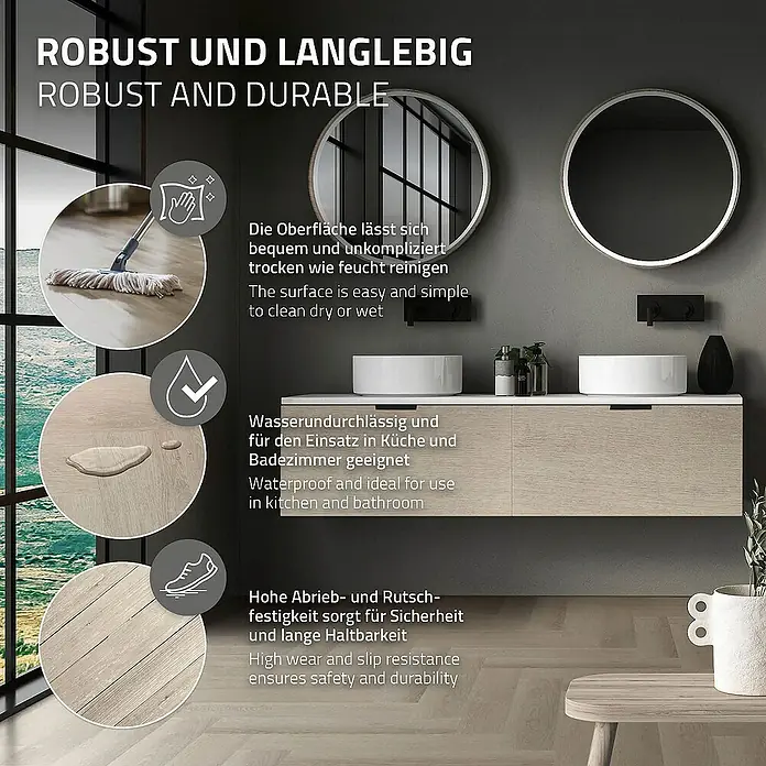 ML-Design Vinylboden 1 x Paket Vinylboden (20 x Diele pro Karton = 1,5616 m²) - Hellbraun, Landhausdiele, 61 cm x 12,8 cm x 4,2 mm - Das Bild zeigt ein robustes und langlebiges Produkt mit wasserdichter Oberfläche, ideal für Küche und Bad, und hoher Rutschfestigkeit.