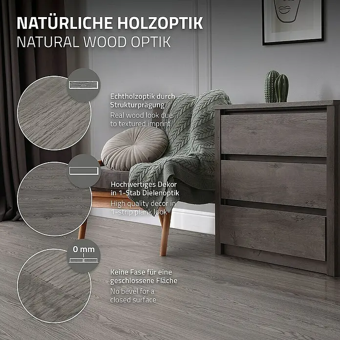 ML-Design Vinylboden 1 x Paket Klebevinylboden ( 16 Stück = 2,23 m² ) - Grau, Landhausdiele - Elegantes Interieur mit einem grauen Holzboden, der eine natürliche Holzoptik und hochwertige Verarbeitung in Dielenoptik bietet.