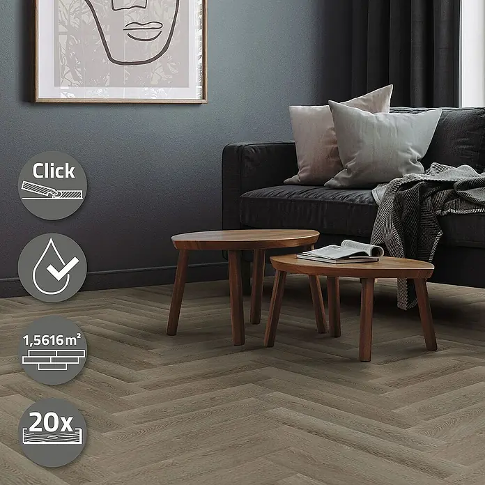 ML-Design Vinylboden 1 x Paket Vinylboden (20 x Diele pro Karton = 1,5616 m²) - Dunkelbraun, Landhausdiele, 61 cm x 12,8 cm x 4,2 mm - Hochwertiger Vinylboden in Fischgrätoptik, ideal für stilvolle Wohnräume. Einfache Klick-Verbindung und wasserabweisend.