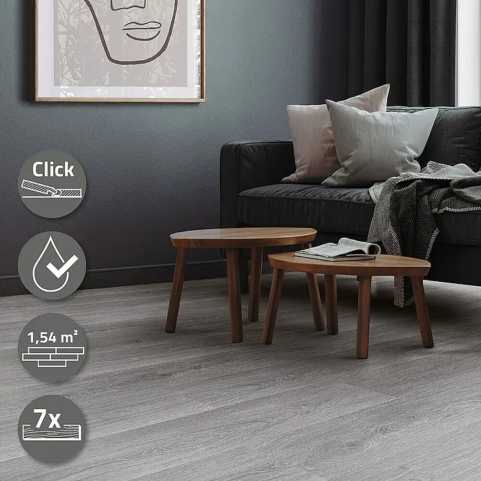 ML-Design Vinylboden 1 x Paket Vinylboden (7 Stück = 1,54 m²) - Grau, Landhausdiele, 122 cm x 18 cm x 4,2 mm - Bild eines Vinylbodens in Holzoptik, der mit einem Klicksystem einfach zu verlegen und wasserfest ist. Er ist 1,54 m² groß und 7 mm dick.