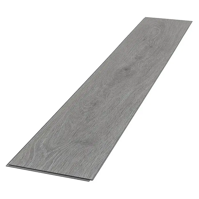ML-Design Vinylboden 1 x Paket Vinylboden (7 Stück = 1,54 m²) - Grau, Landhausdiele, 122 cm x 18 cm x 4,2 mm - Ein einzelnes Vinyl-Bodenbrett in Grautönen mit Holzmuster, ideal für moderne Innenräume. Das Brett zeigt eine realistische Holzstruktur und Farbgebung.