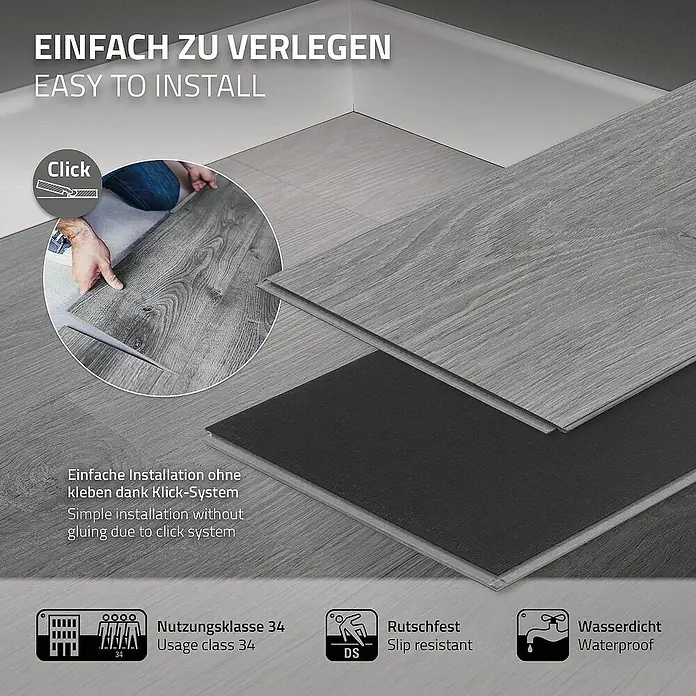 ML-Design Vinylboden 1 x Paket Vinylboden (7 Stück = 1,54 m²) - Grau, Landhausdiele, 122 cm x 18 cm x 4,2 mm - Bild einer einfach zu verlegendes und wasserdichtes Klickvinyl mit Nutzungsklasse 34 und Rutschfestigkeit.