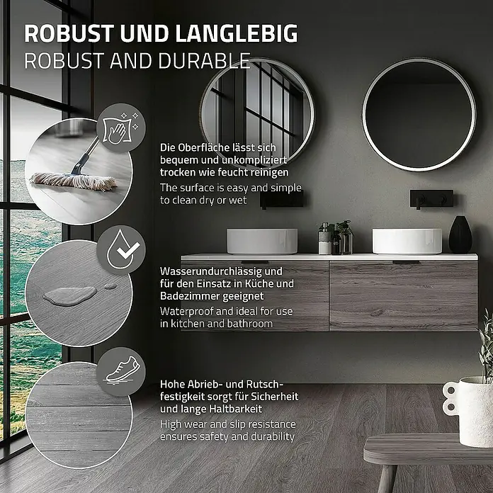 ML-Design Vinylboden 1 x Paket Vinylboden (7 Stück = 1,54 m²) - Grau, Landhausdiele, 122 cm x 18 cm x 4,2 mm - Bild von robusten und langlebigen Vinylböden mit einfacher Reinigung und hoher Rutschfestigkeit, ideal für Küche und Badezimmer.