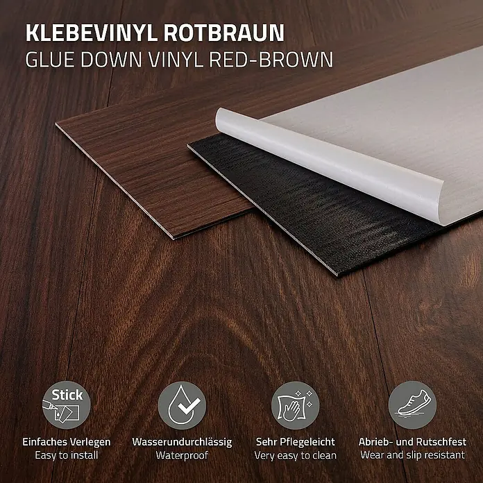 ML-Design Vinylboden 5 x Paket Klebevinylboden ( 80 Stück = 11,15 m² ) - Rot-Braun, Landhausdiele - Nahaufnahme von selbstklebenden, rotbraunen Vinyl-Bodenfliesen mit den Vorteilen: einfache Installation, wasserfest, pflegeleicht und rutschfest.