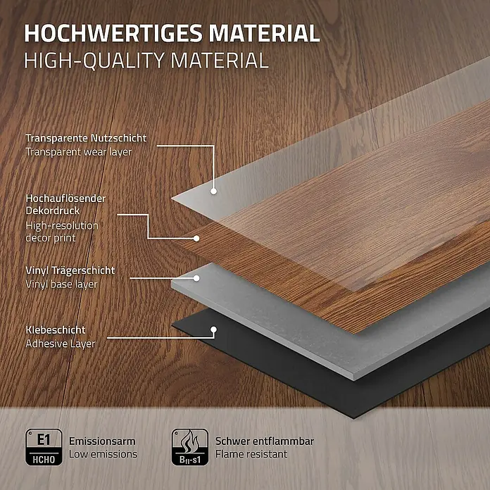 ML-Design Vinylboden 4 x Paket Klebevinylboden ( 64 Stück = 8,92 m² ) - Braun, Landhausdiele - Detailaufnahme der hochwertigen Materialschichten eines Bodenbelags, inklusive transparenter Nutzschicht und hochauflösendem Dekordruck.
