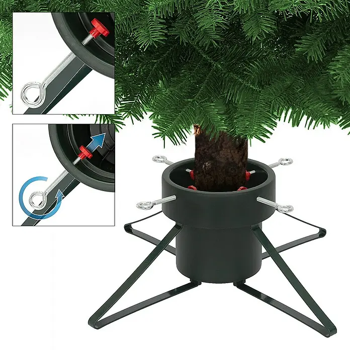 ECD Germany Künstlicher Weihnachtsbaum Weihnachtsbaumständer mit Wasserschale & 4 Festellschrauben - Höhe: 21 cm, Dunkelgrün - Bild eines Weihnachtsbaumständers aus Metall mit roter Feststellschraube, der einen Baum hält.