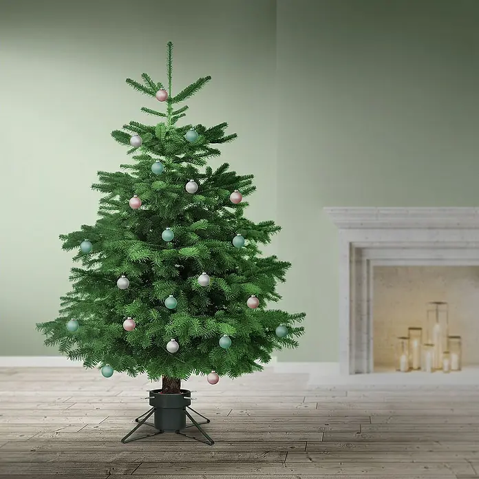 ECD Germany Künstlicher Weihnachtsbaum Weihnachtsbaumständer mit Wasserschale & 4 Festellschrauben - Höhe: 21 cm, Dunkelgrün - Ein detailreicher künstlicher Weihnachtsbaum mit pastellfarbenen Kugeln in einem stilvollen Interieur, der festliche Stimmung verbreitet.